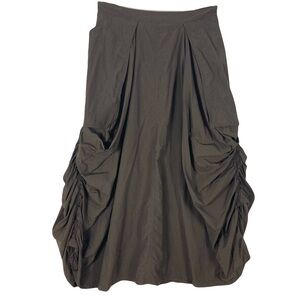 nwot HANNA La Journee Skirt 2~M Brown Ruched-Sides Pockets Midi Zip ElasticWaist